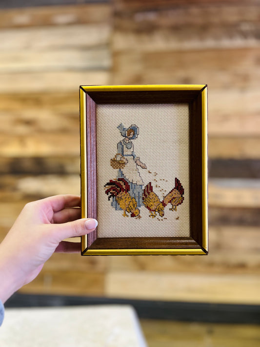 Vintage Framed Cross Stitch Farmer Feeding Chickens Print