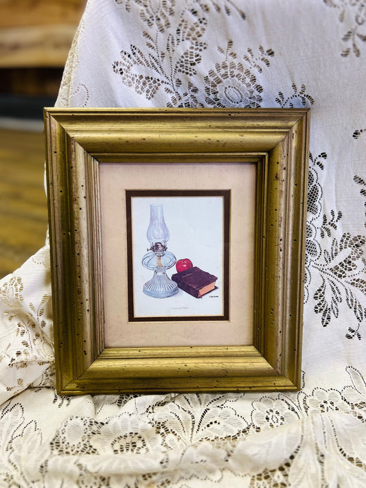 Vintage Lamp and Bible Framed Print