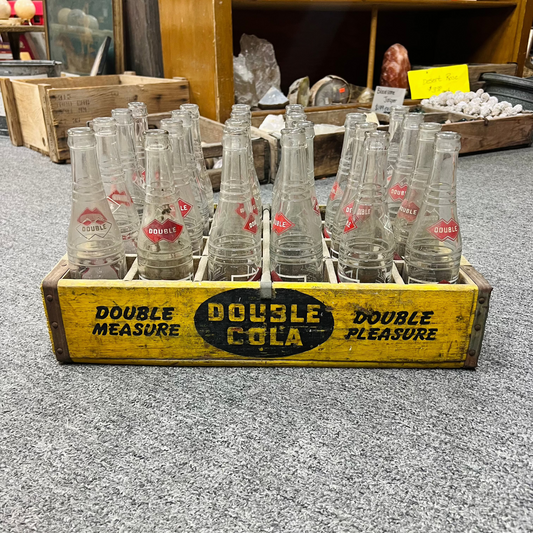 Vintage Double Measure Double Pleasure Double Cola Yellow Crate with 23 Bottles 1960's The Double Line Greensburg Ky and Hopkinsville KY