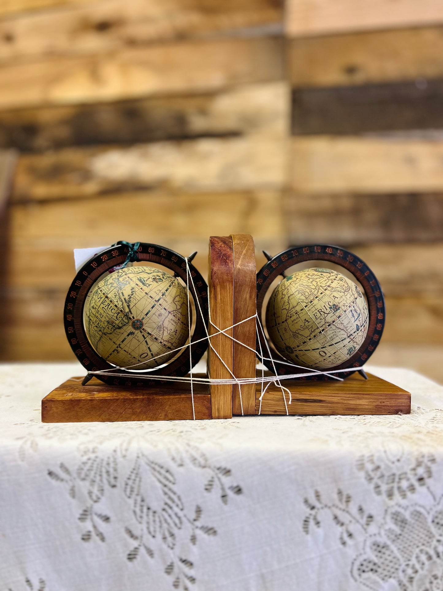 Vintage Old World Globe Wood Bookends