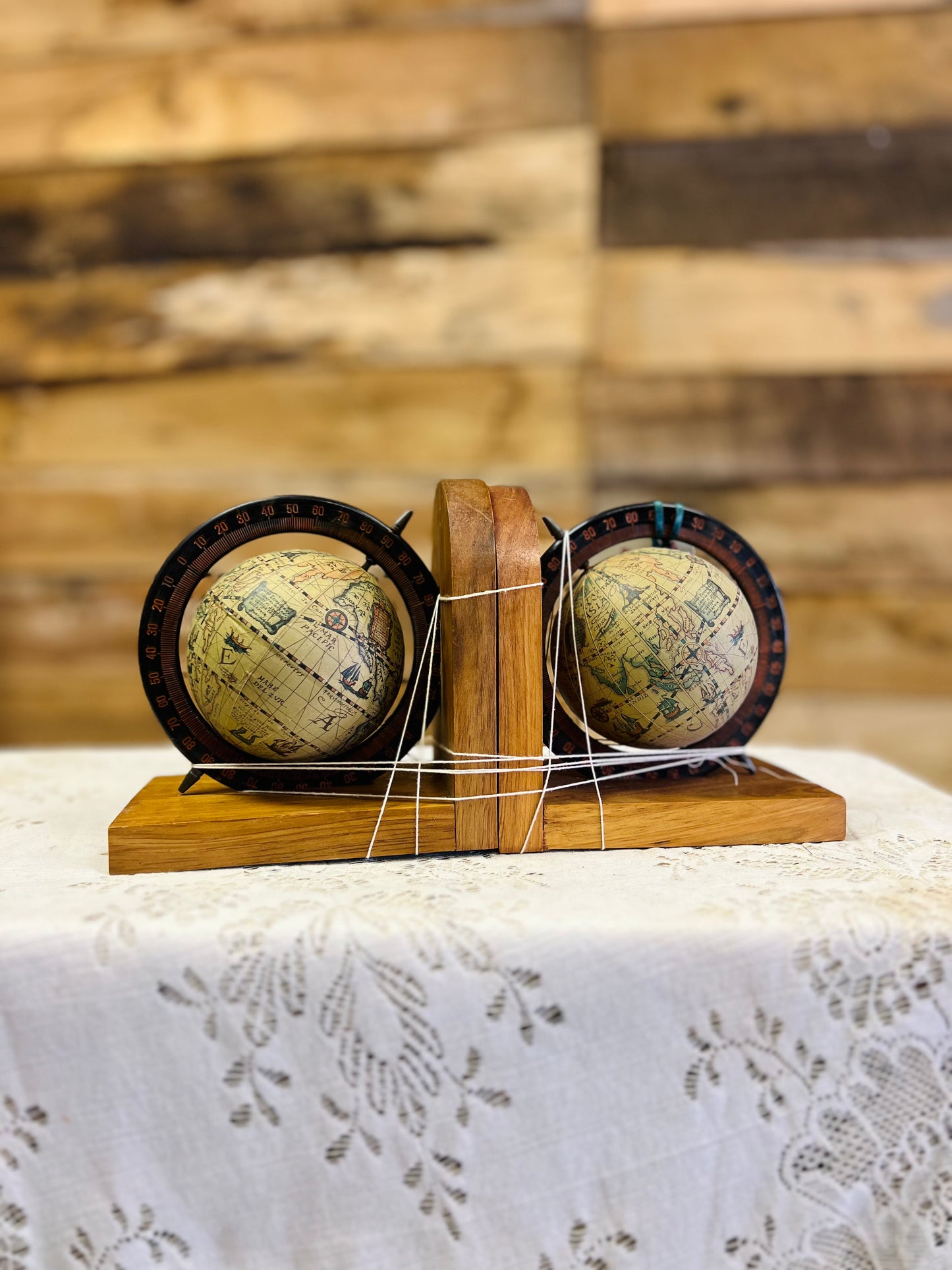 Vintage Old World Globe Wood Bookends