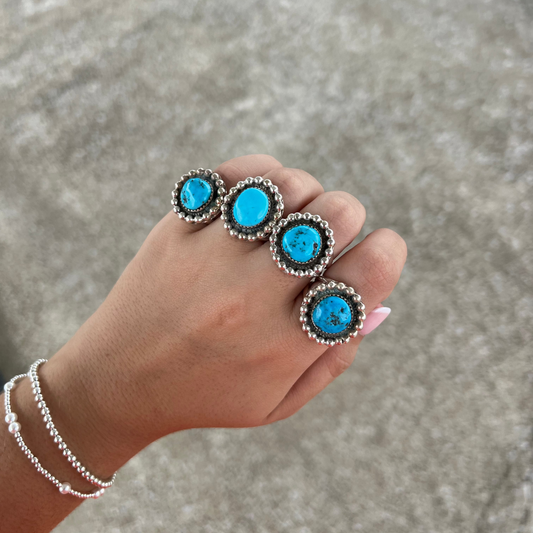Genuine Kingman Turquoise Beaded Border Sterling Silver Ring