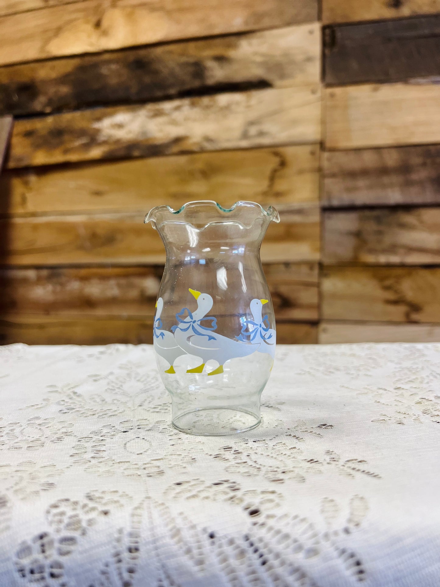 Vintage Country Geese with Blue Bows Glass Hurricane Shade