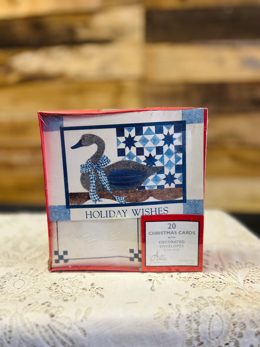 Vintage Blue Country Goose Holiday Wishes Christmas Cards - Pack of 20