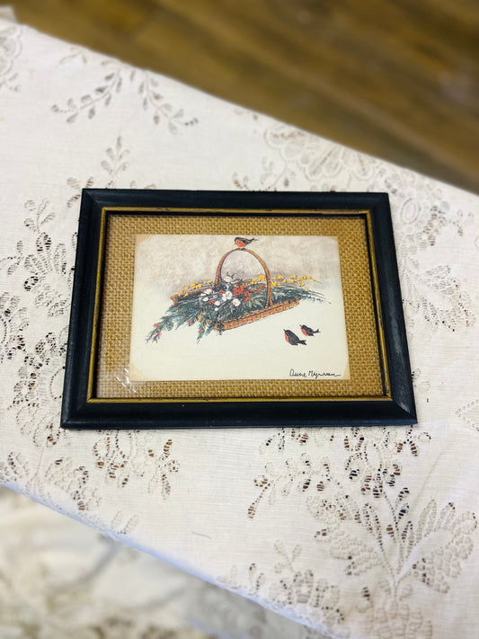 Vintage Framed Flowers, Basket, and Birds Print