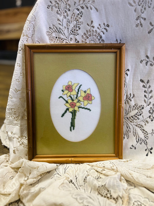 Vintage Cross Stitch Embroidery Framed Yellow Flowers