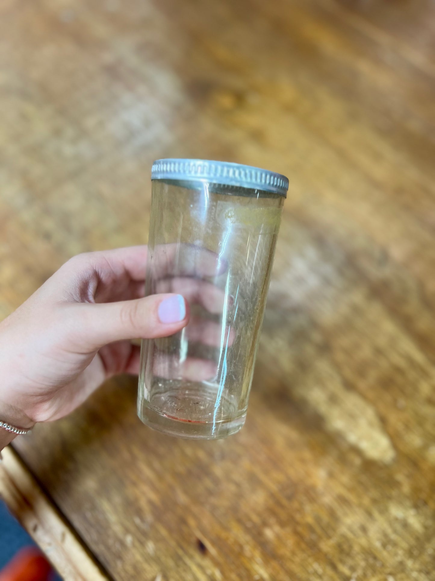 Vintage 1940's US Tobacco Co Tall Clear Glass Snuff Jar w/ Alumunim Lid