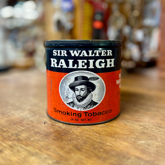 Vintage Sir Walter Raleigh Metal Smoking Tobacco Can Brown Williamson Louisville Ky Empty 14oz no lid