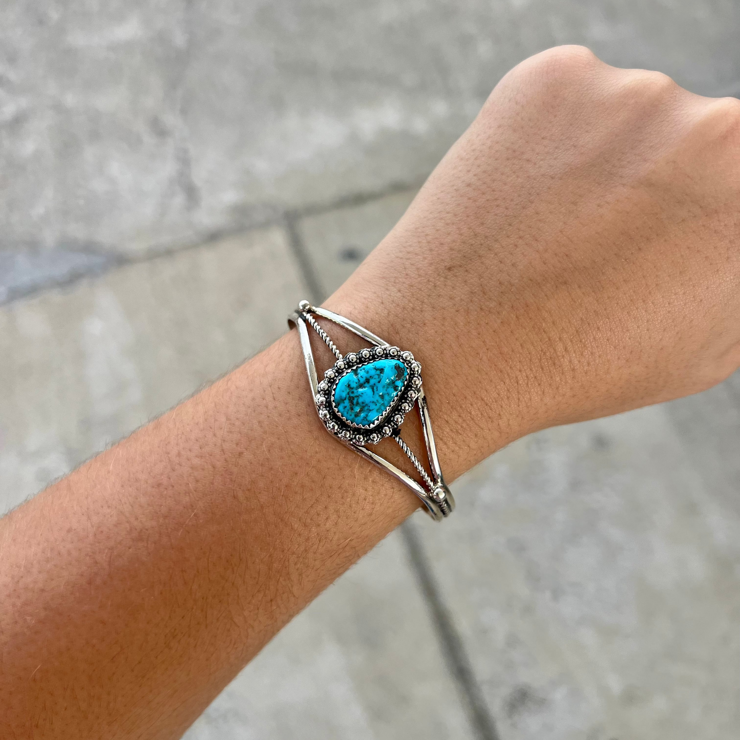 Genuine Kingman Turquoise Berry Border Sterling Silver Cuff Bracelet