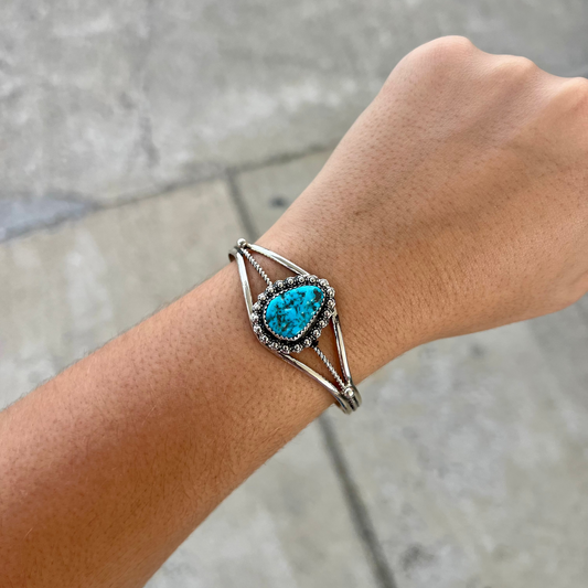 Genuine Kingman Turquoise Berry Border Sterling Silver Cuff Bracelet