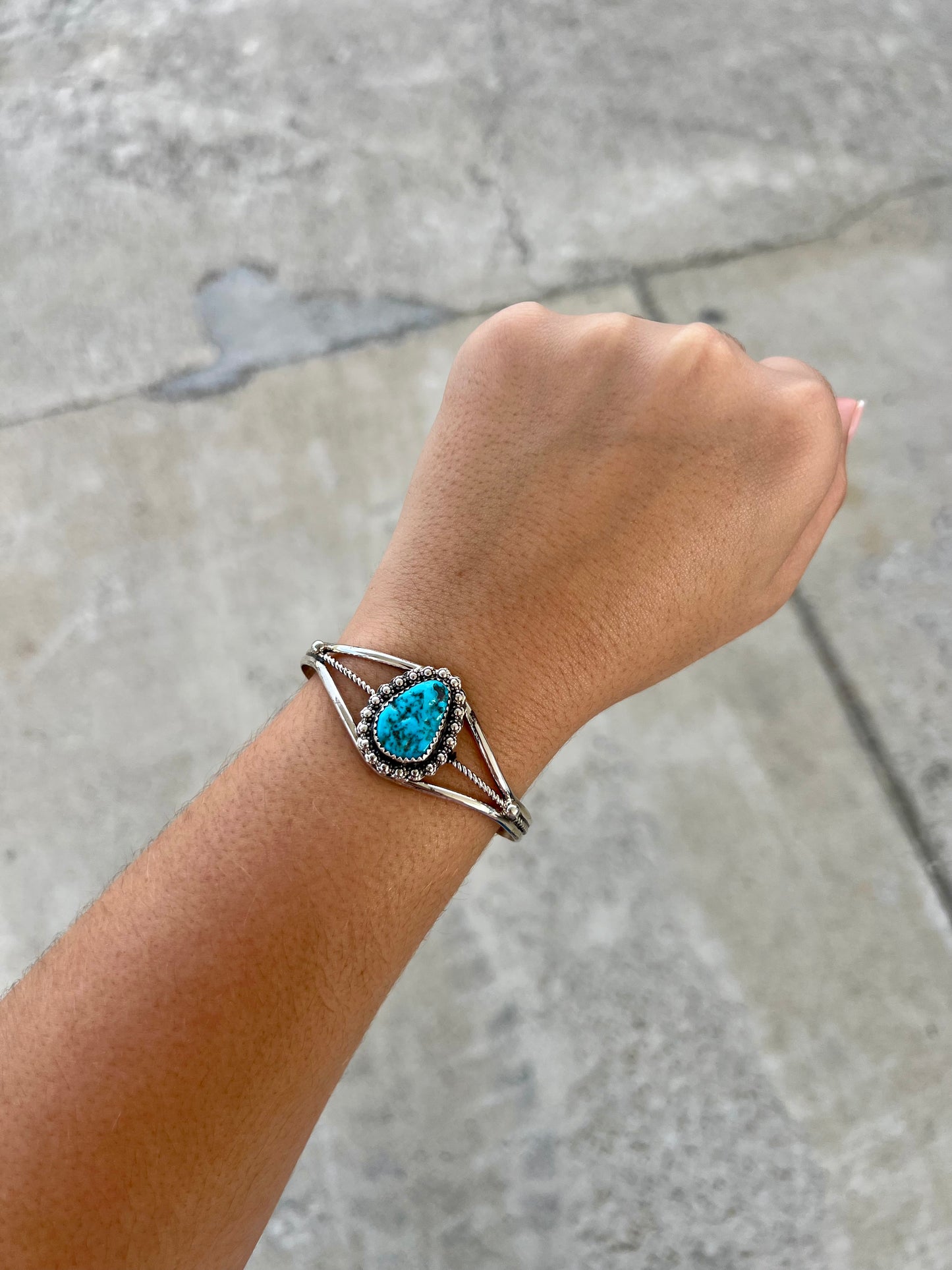 Genuine Kingman Turquoise Berry Border Sterling Silver Cuff Bracelet