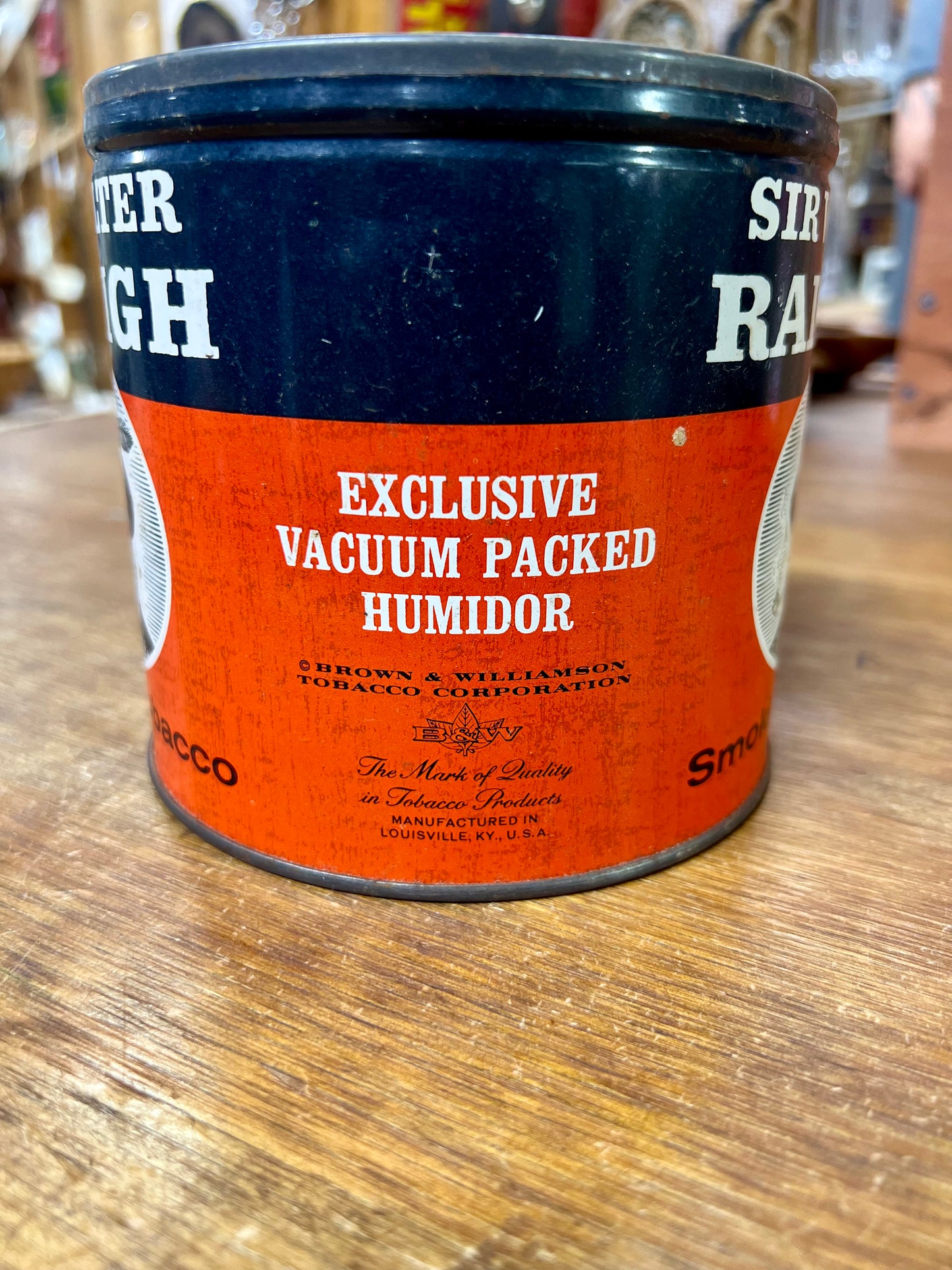 Vintage Sir Walter Raleigh Metal Smoking Tobacco Can Brown Williamson Louisville Ky Empty 14oz no lid