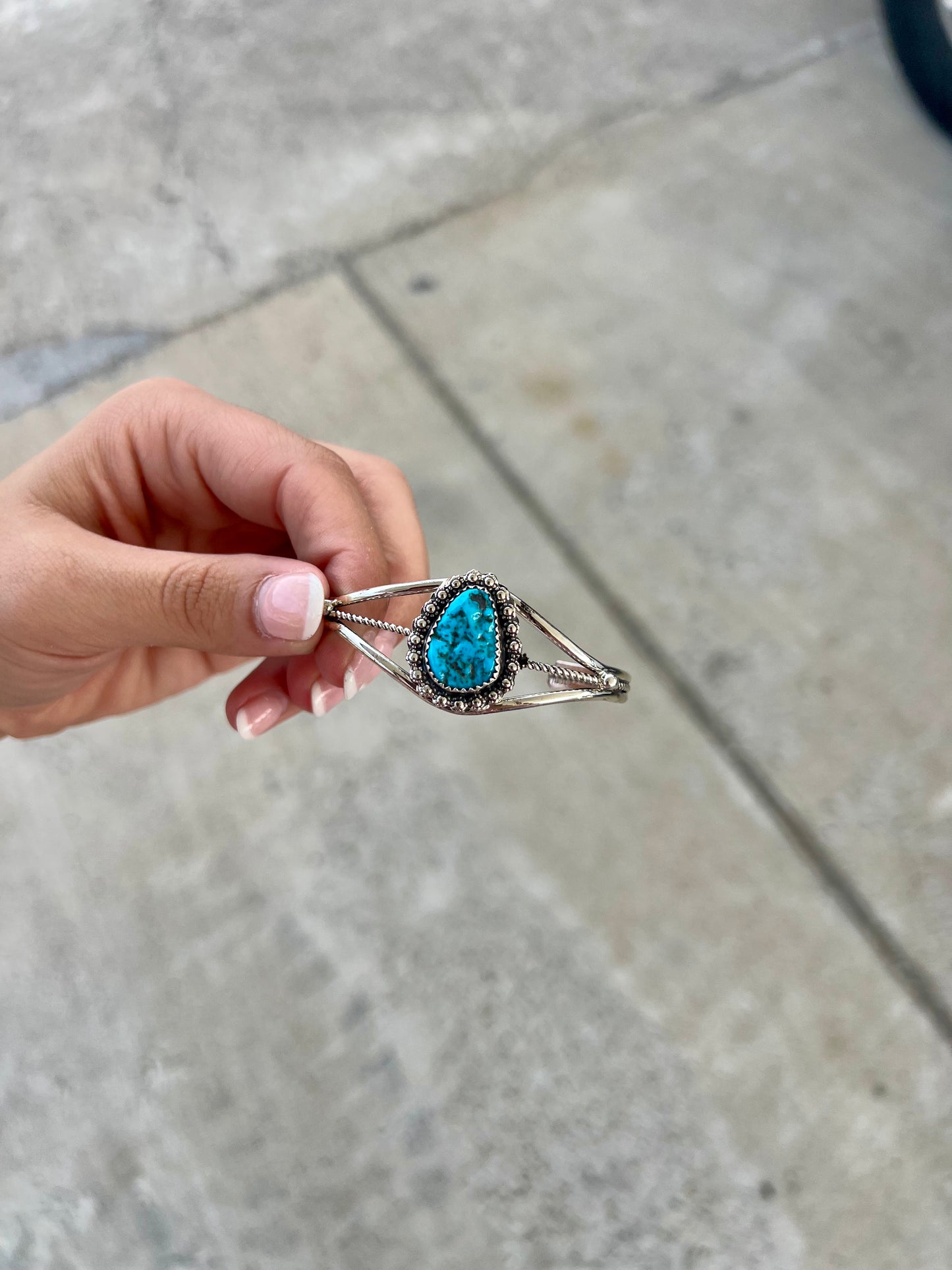 Genuine Kingman Turquoise Berry Border Sterling Silver Cuff Bracelet
