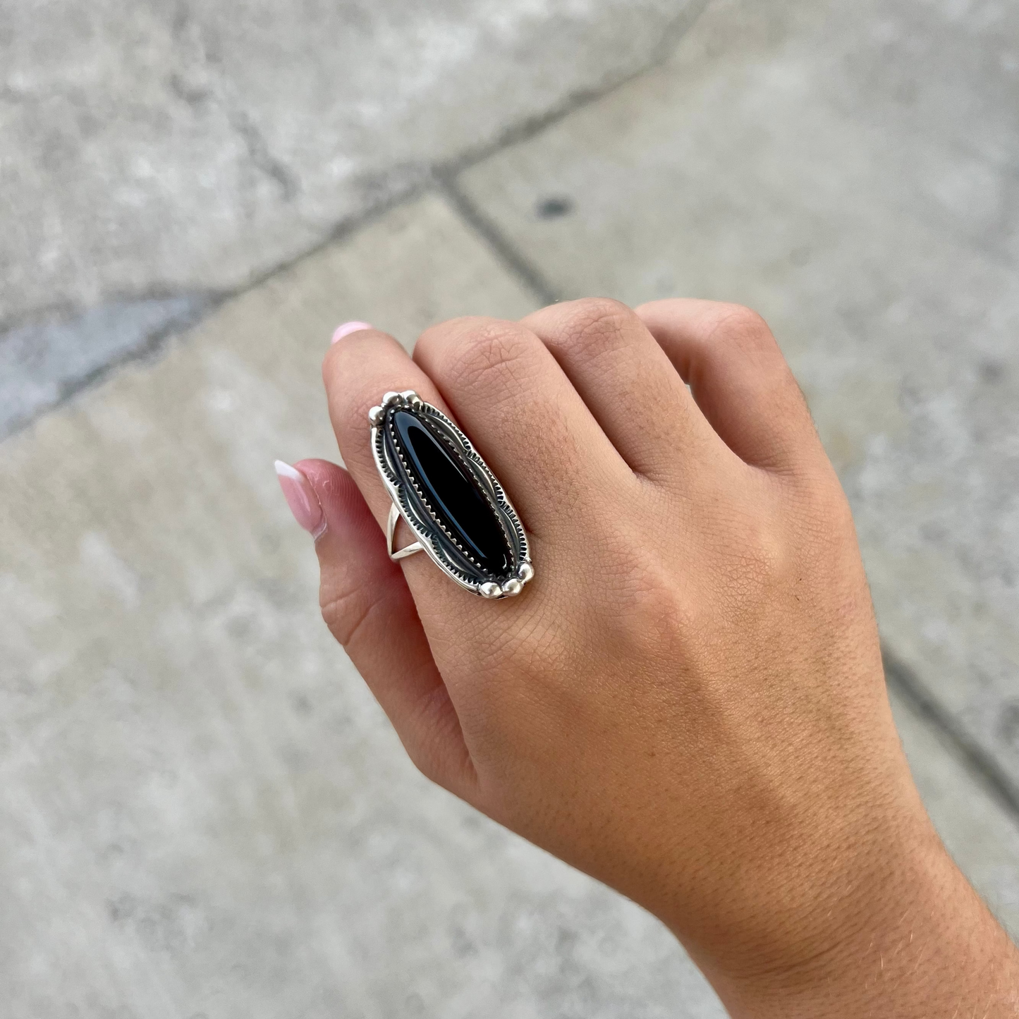 Satin Black Onyx Oval Sterling Silver Statement Ring