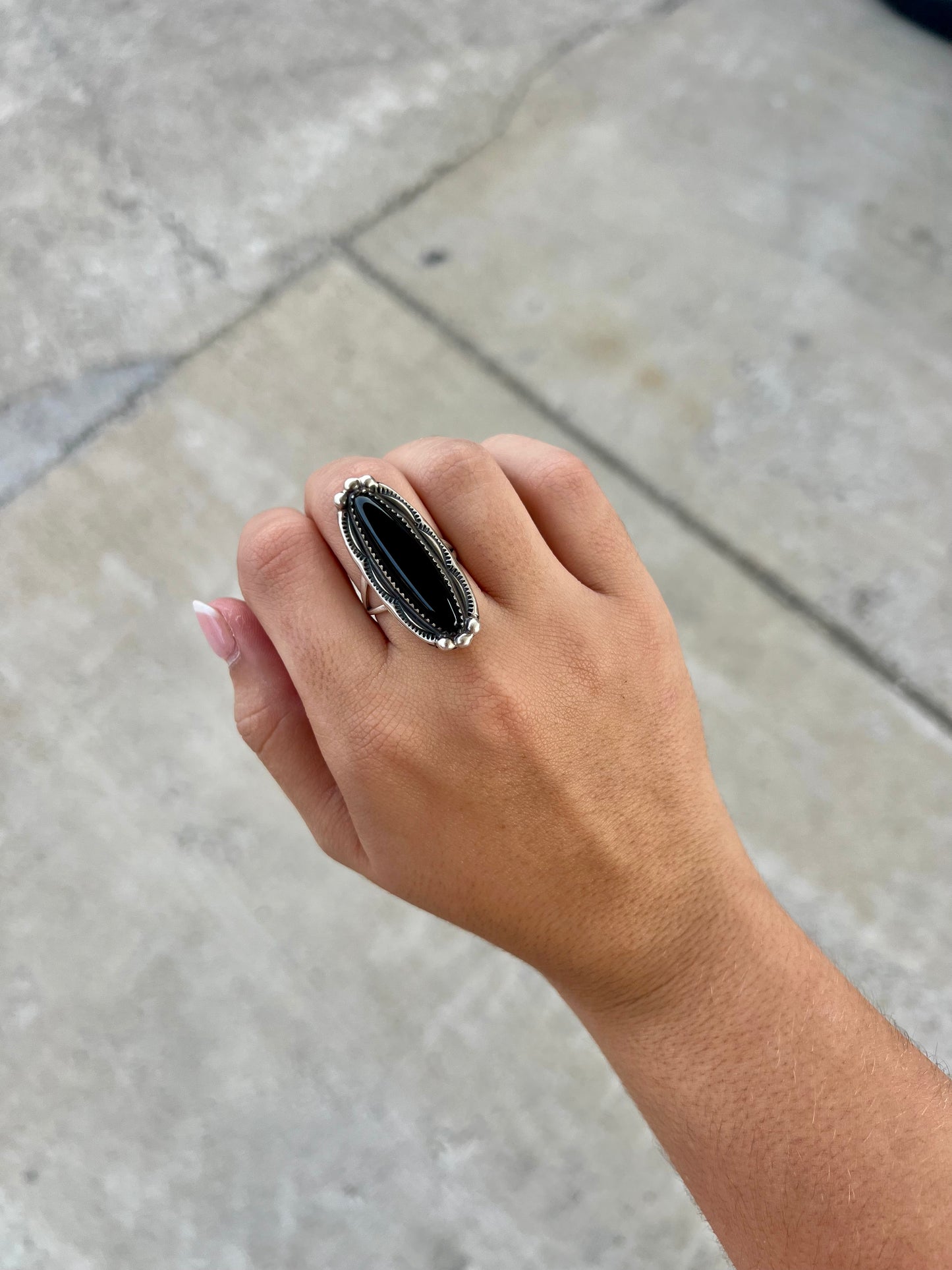 Satin Black Onyx Oval Sterling Silver Statement Ring