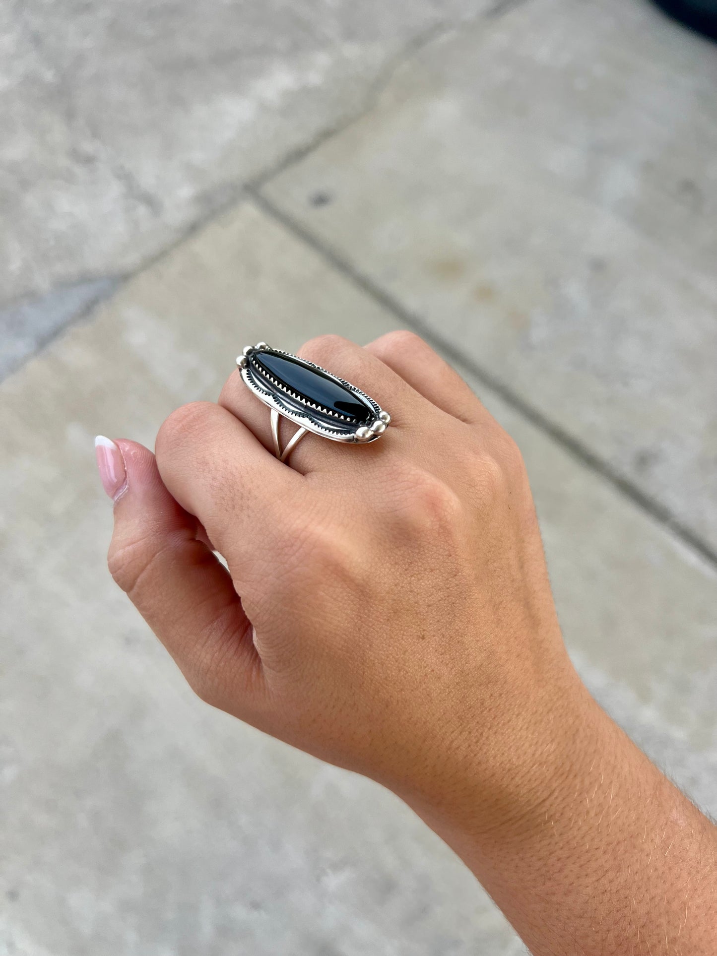 Satin Black Onyx Oval Sterling Silver Statement Ring