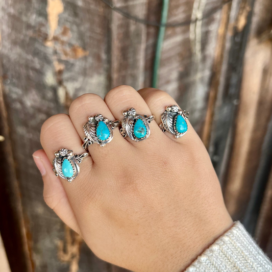 Kingman Turquoise Teardrop Stone and Feather Ring