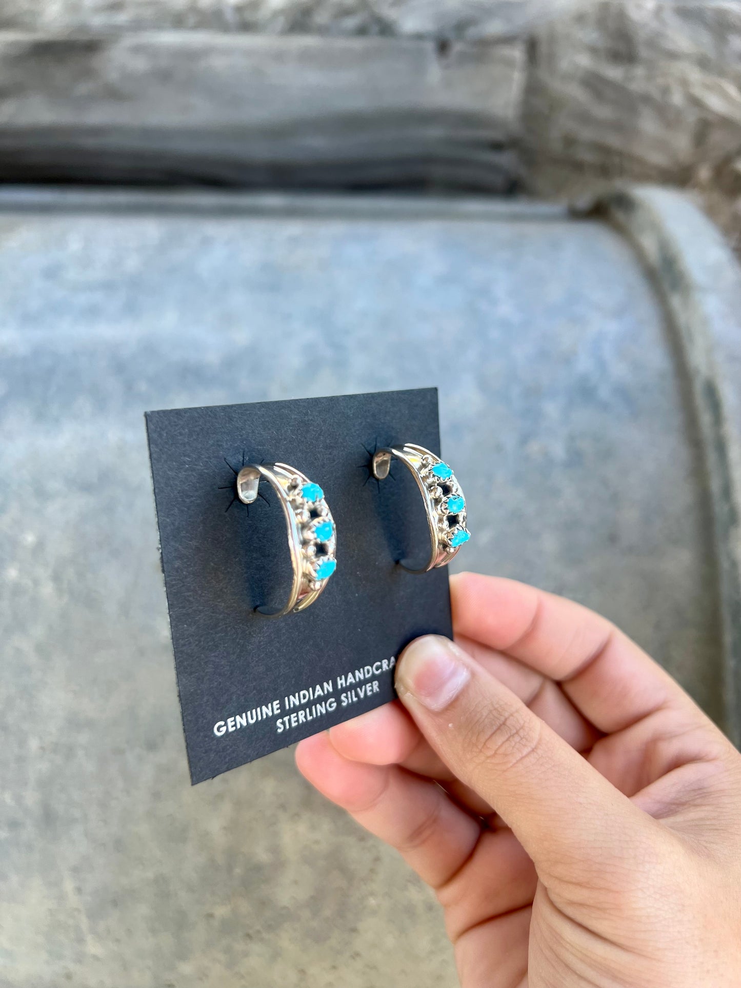 Genuine Turquoise 3 Stone Hoop Earrings