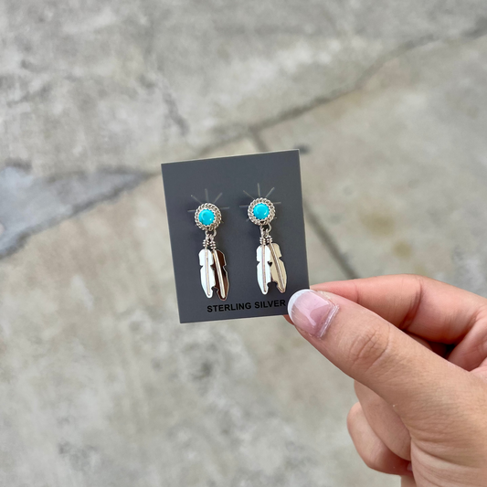 Genuine Kingman Turquoise Round Stud with Sterling Silver Feather Dangle Earrings