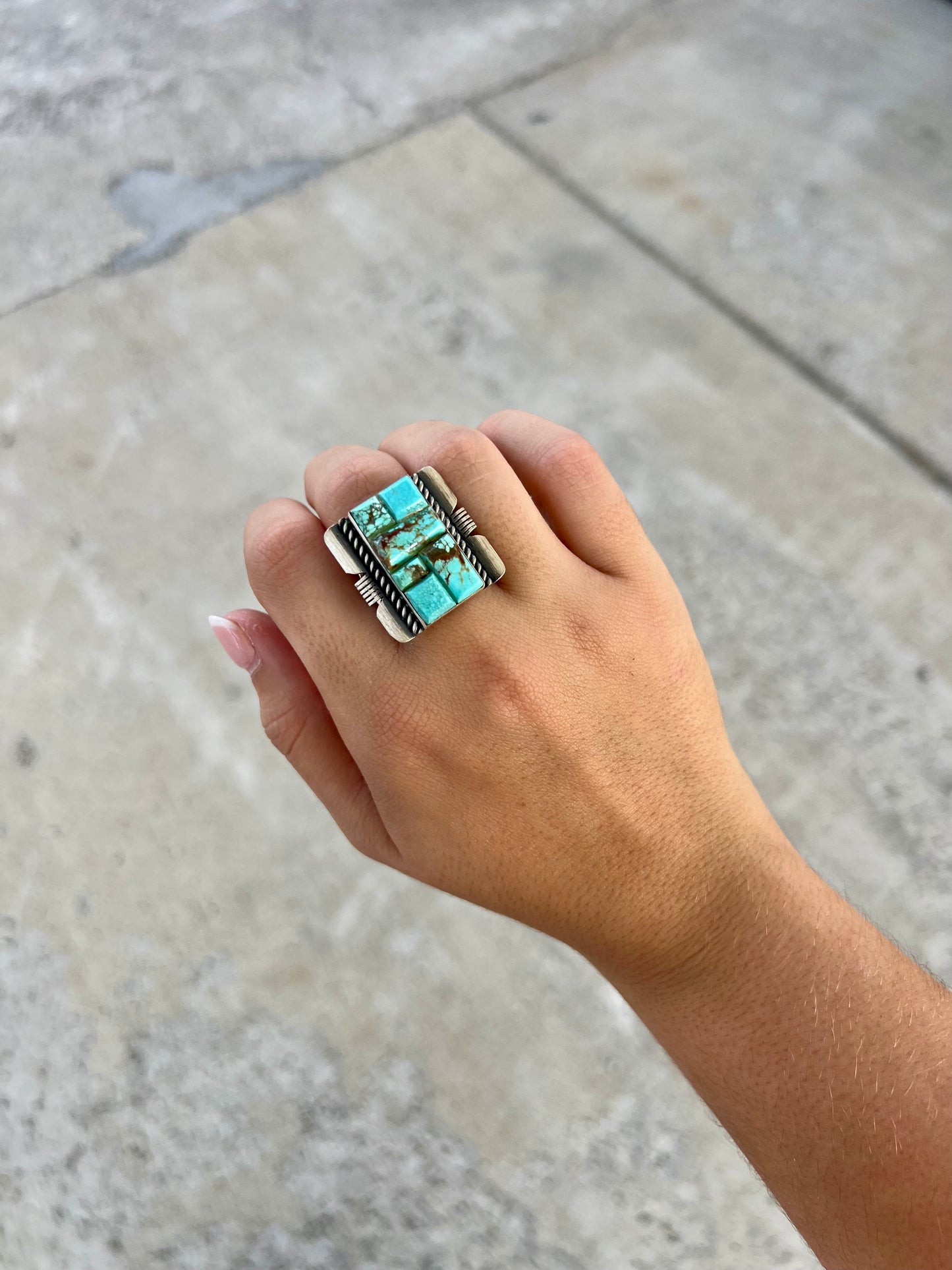 Genuine Turquoise Cobblestone Square Ring