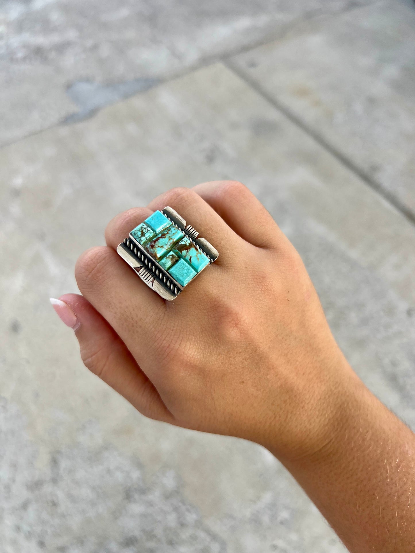 Genuine Turquoise Cobblestone Square Ring