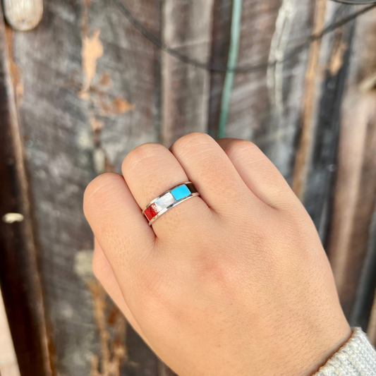 Genuine Turquoise, Coral, Shell, and Jet Inlay Ring