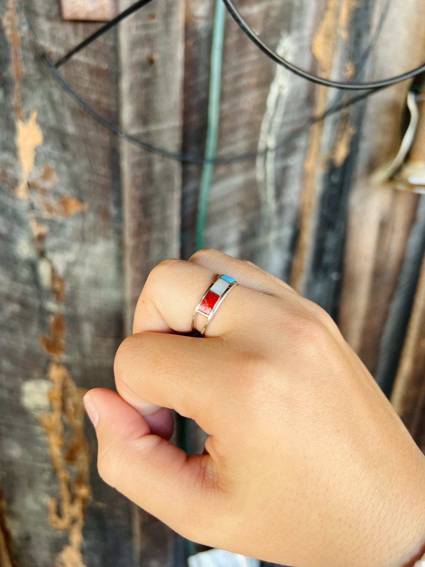 Genuine Turquoise, Coral, Shell, and Jet Inlay Ring