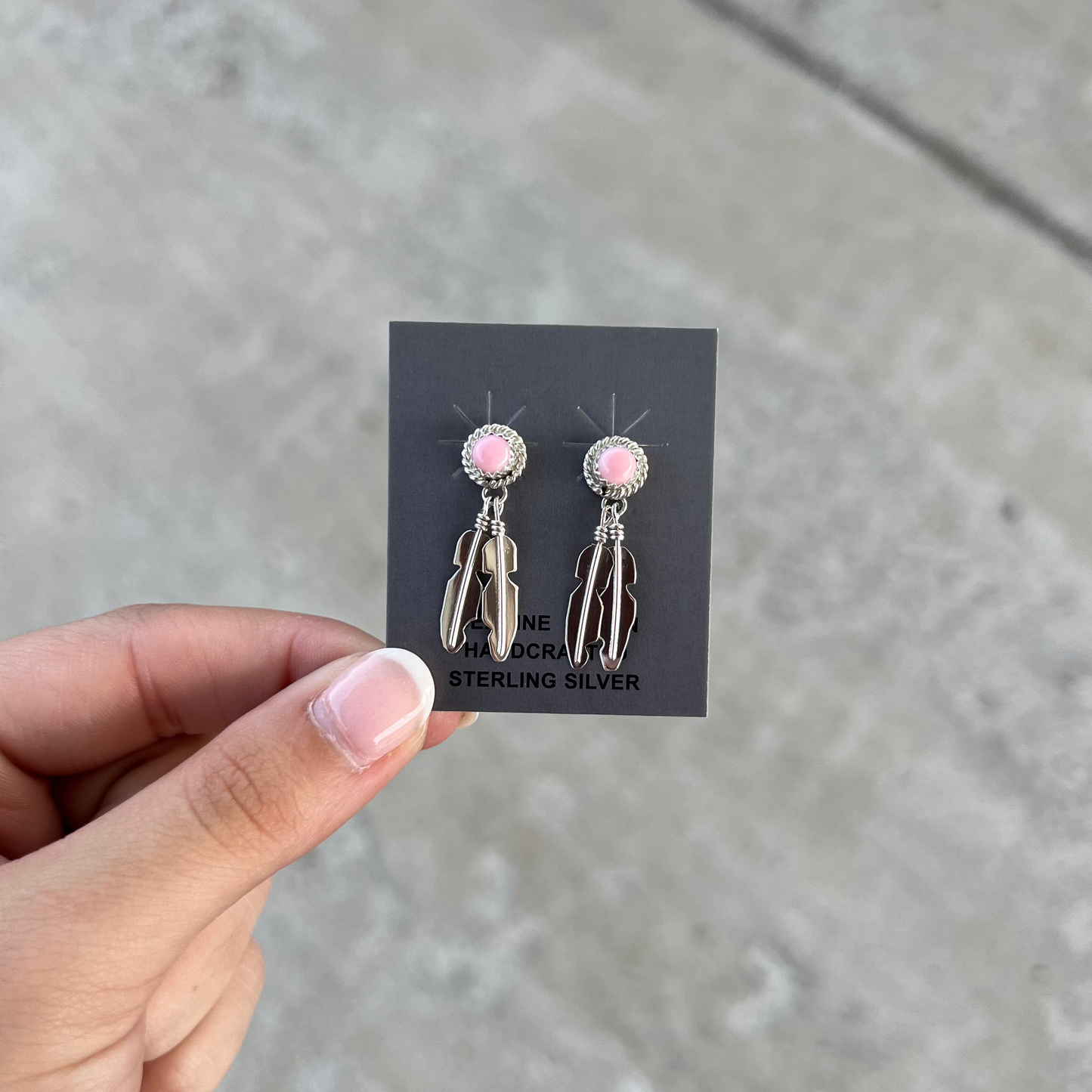 Genuine Pink Conch Round Stud with Sterling Silver Feather Dangle Earrings