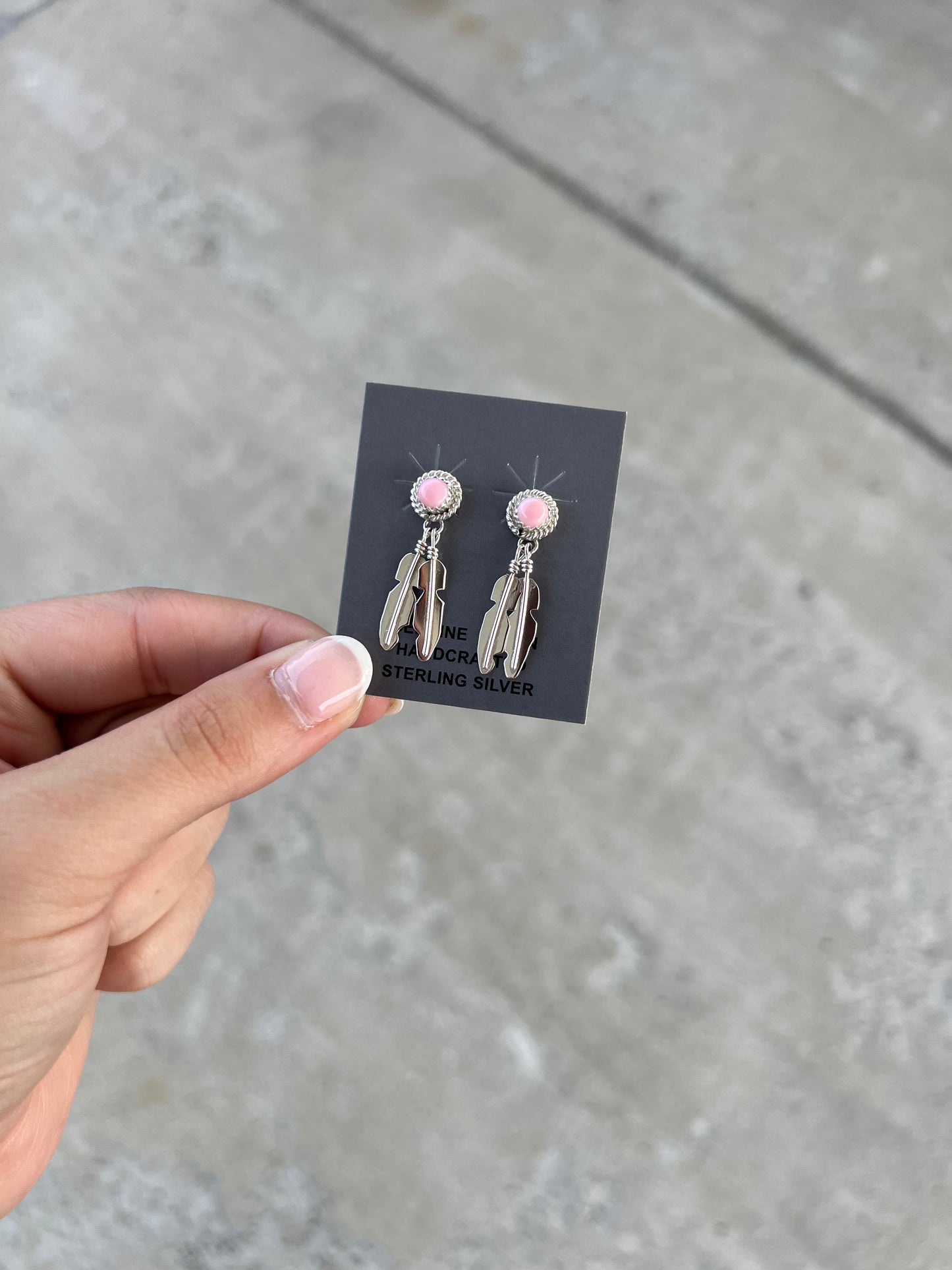 Genuine Pink Conch Round Stud with Sterling Silver Feather Dangle Earrings