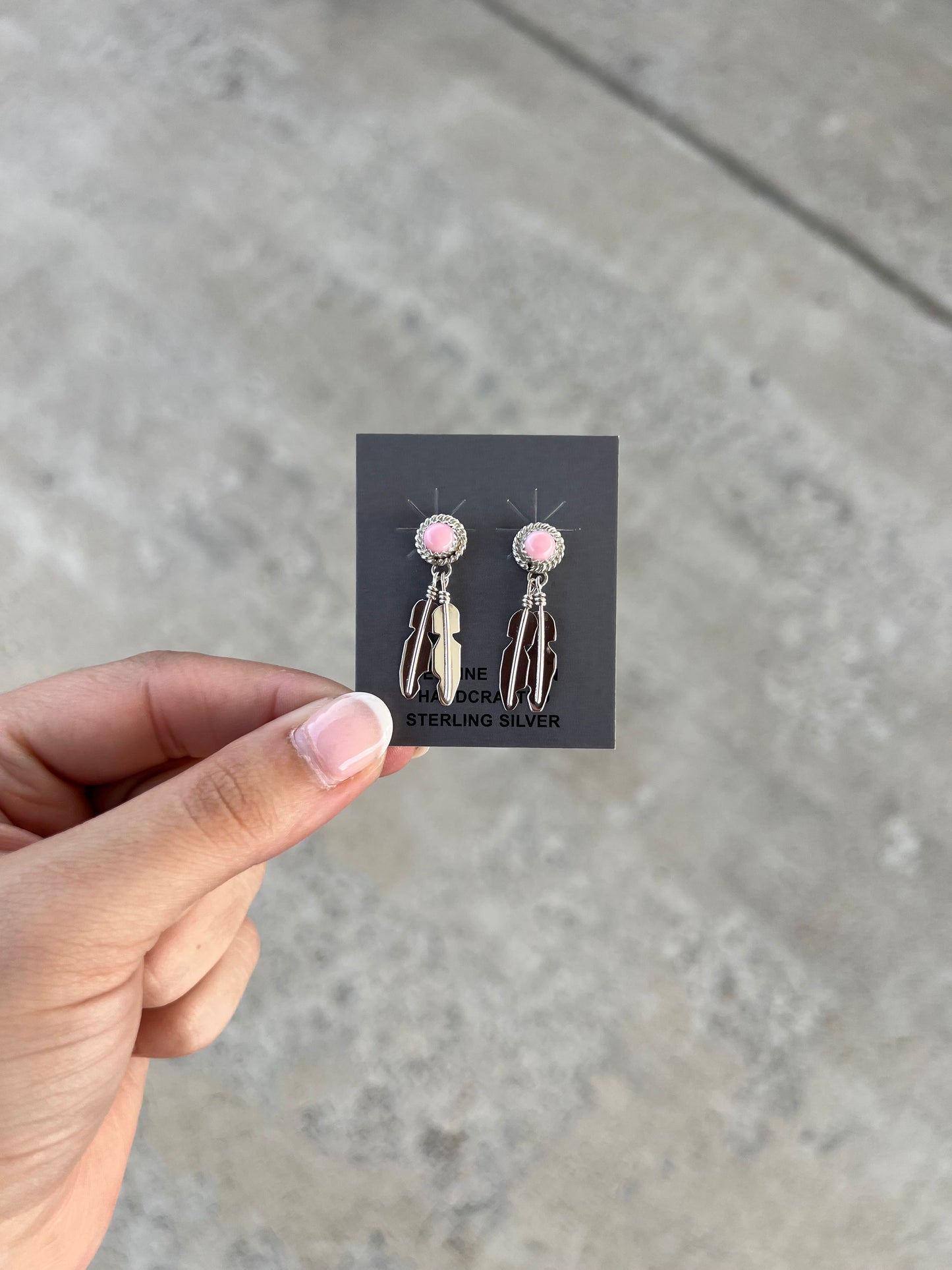 Genuine Pink Conch Round Stud with Sterling Silver Feather Dangle Earrings