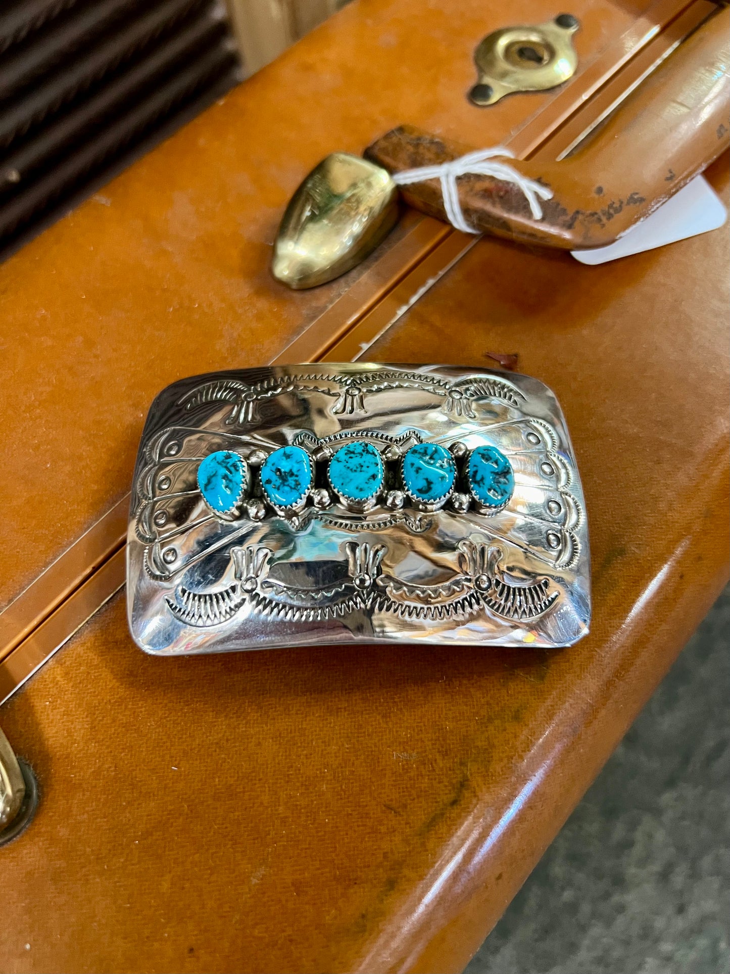 Genuine Kingman Turquoise 5 Stone Sterling Silver Belt Buckle