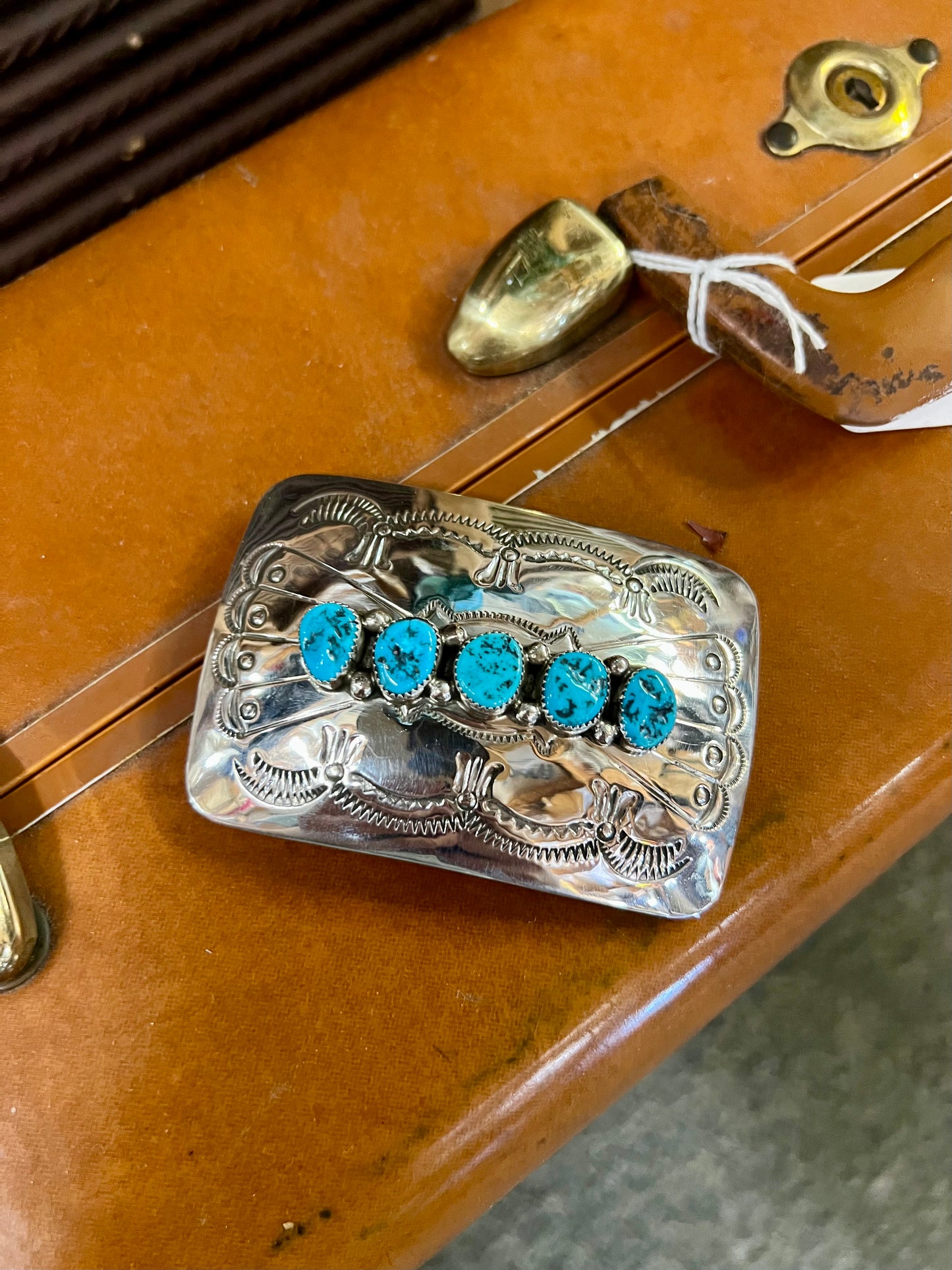 Genuine Kingman Turquoise 5 Stone Sterling Silver Belt Buckle