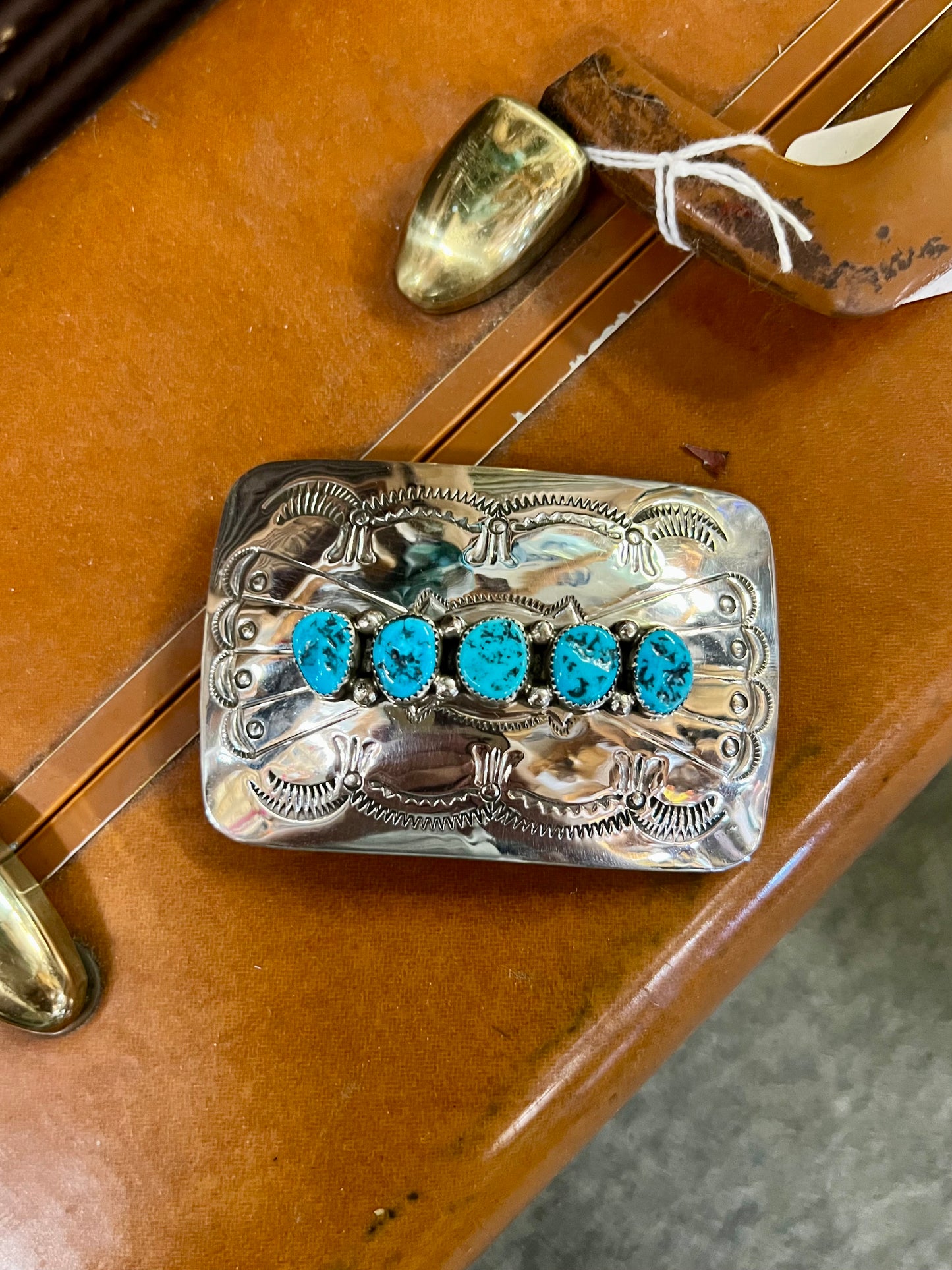 Genuine Kingman Turquoise 5 Stone Sterling Silver Belt Buckle