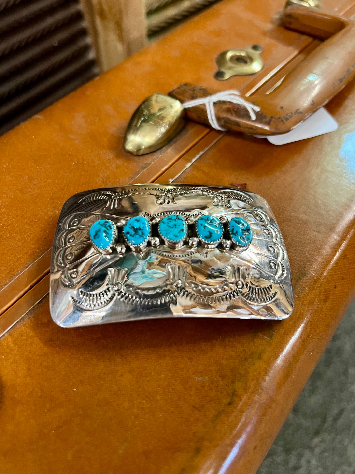 Genuine Kingman Turquoise 5 Stone Sterling Silver Belt Buckle