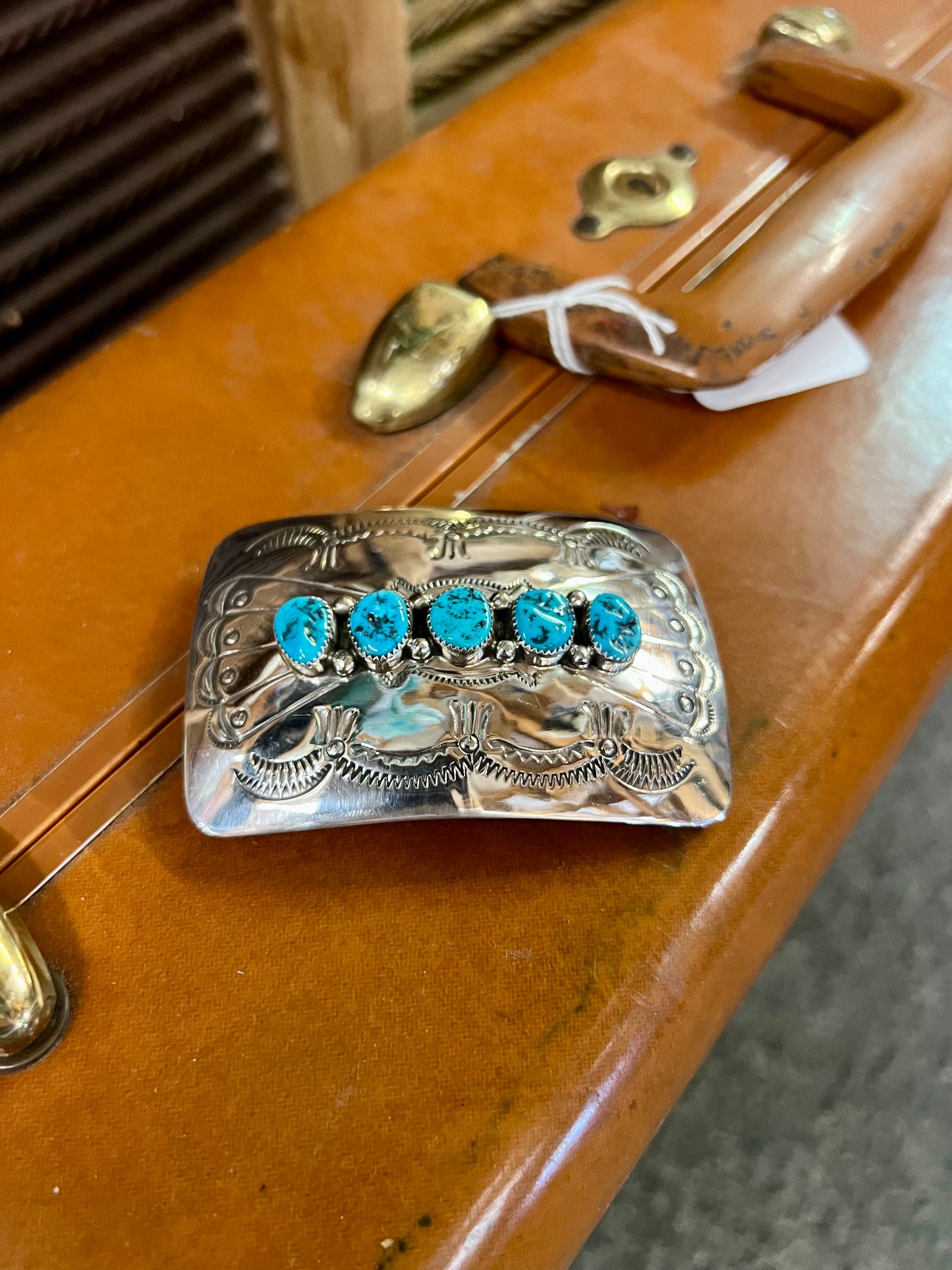 Genuine Kingman Turquoise 5 Stone Sterling Silver Belt Buckle