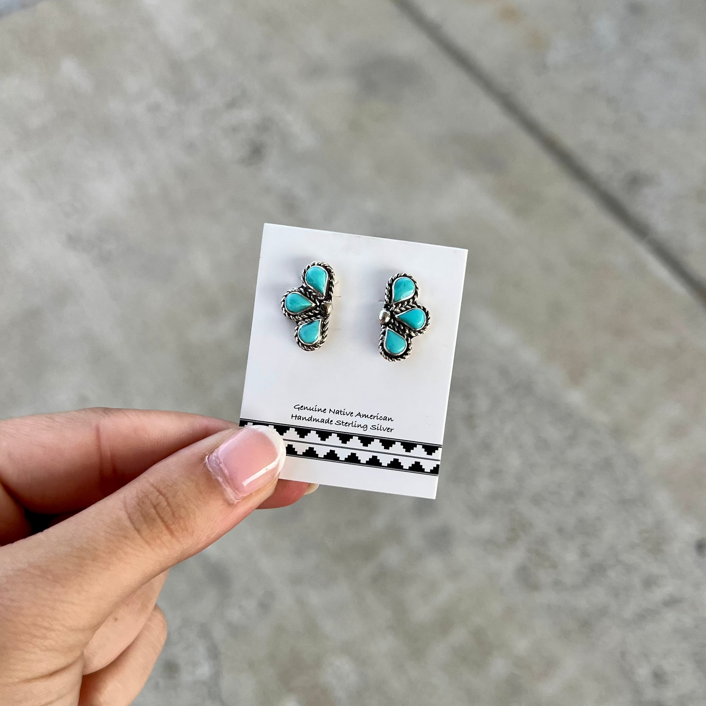 Genuine Turquoise Half Flower Sterling Silver Earrings