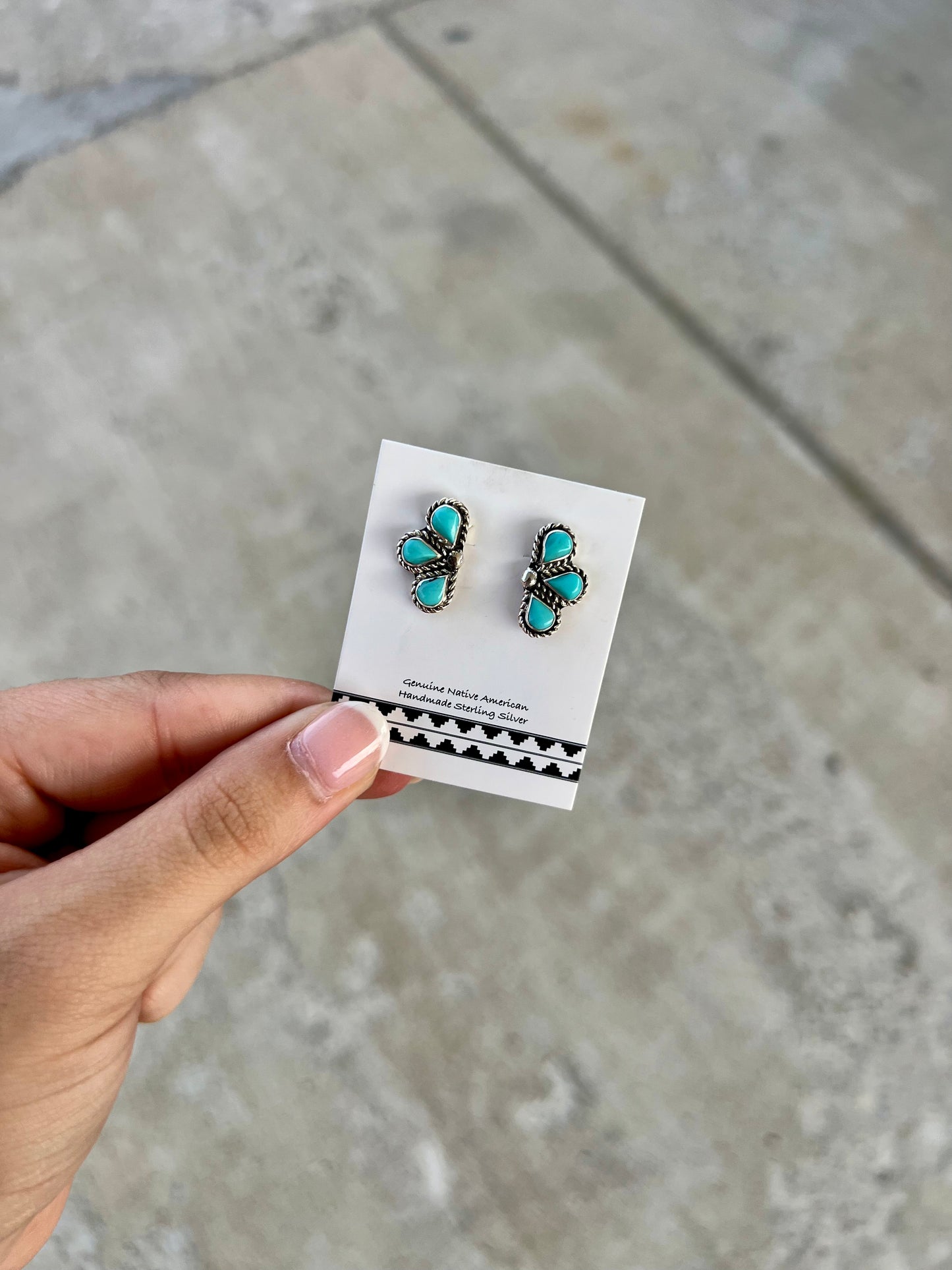Genuine Turquoise Half Flower Sterling Silver Earrings