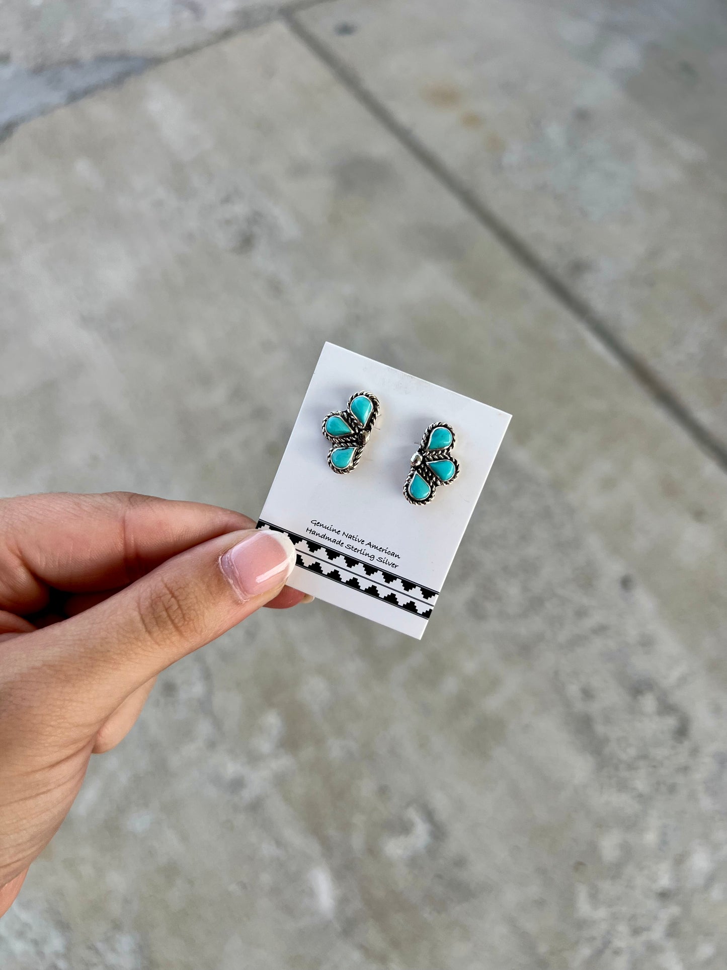 Genuine Turquoise Half Flower Sterling Silver Earrings