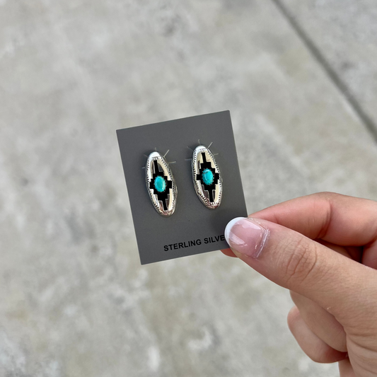 Genuine Turquoise Sterling Silver Aztec Shadowbox Oval Earrings