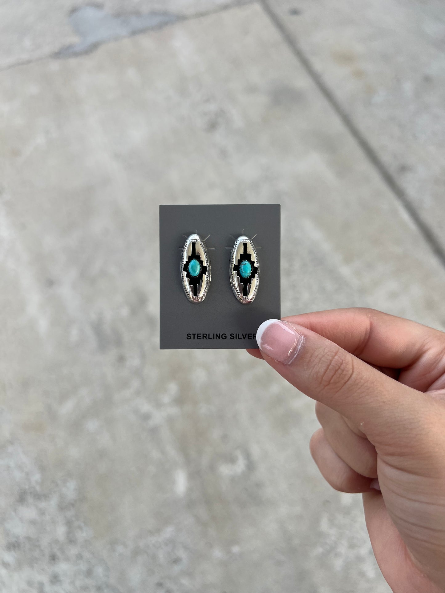 Genuine Turquoise Sterling Silver Aztec Shadowbox Oval Earrings