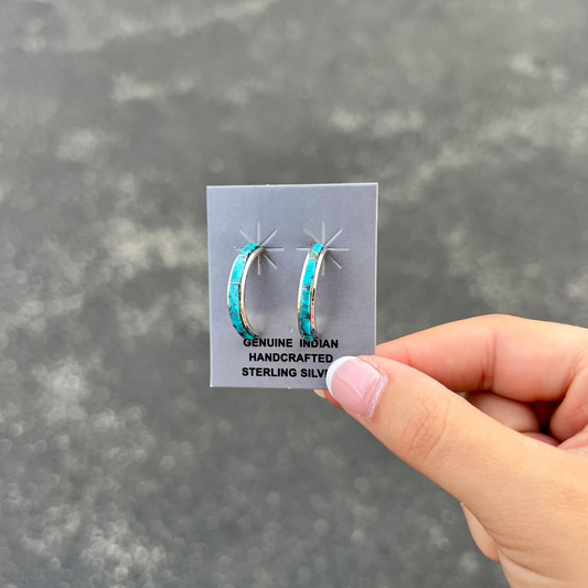 Zuni Inlay Turquoise Sterling Silver Hoop Earrings