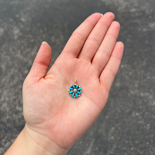 Genuine Turquoise Sterling Silver Petti Point Flower Cluster Pendant