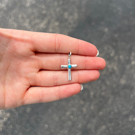 Genuine Turquoise Smooth Sterling Silver Cross Pendant