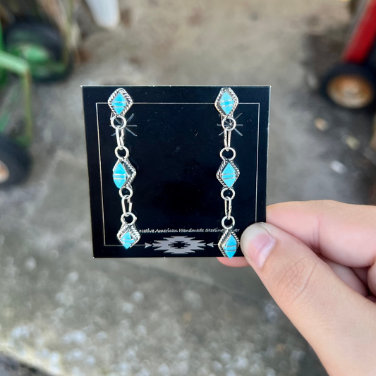 Genuine Turquoise 3 Stone Inlay Diamond Dangle Earrings