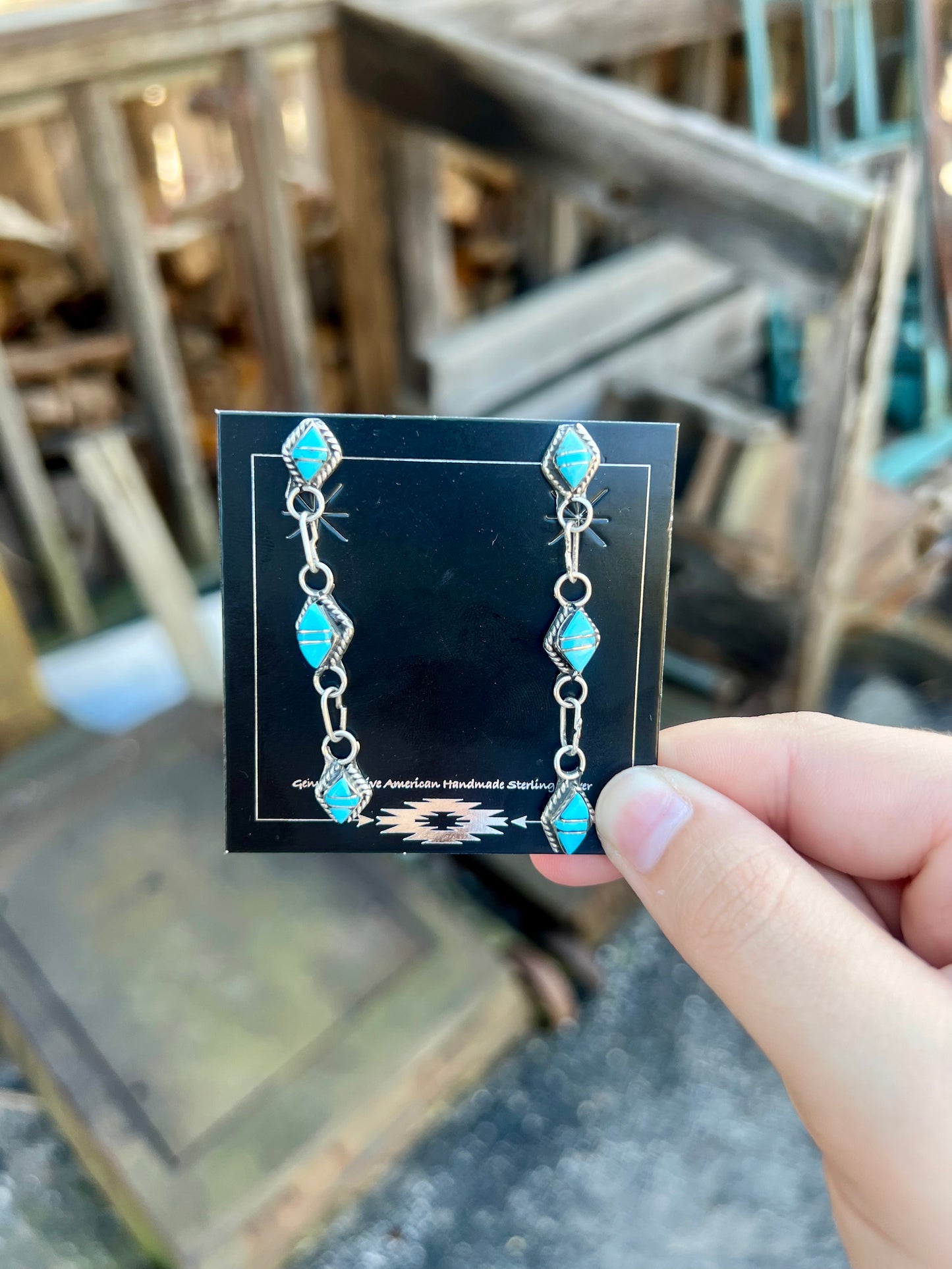 Genuine Turquoise 3 Stone Inlay Diamond Dangle Earrings