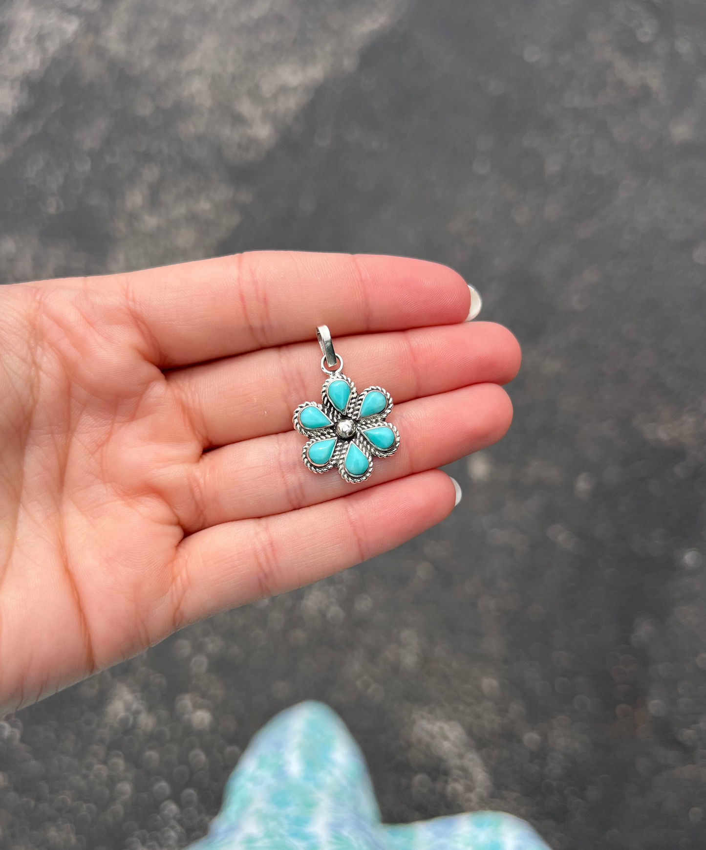 Genuine Turquoise Flower Child Sterling Silver Pendant