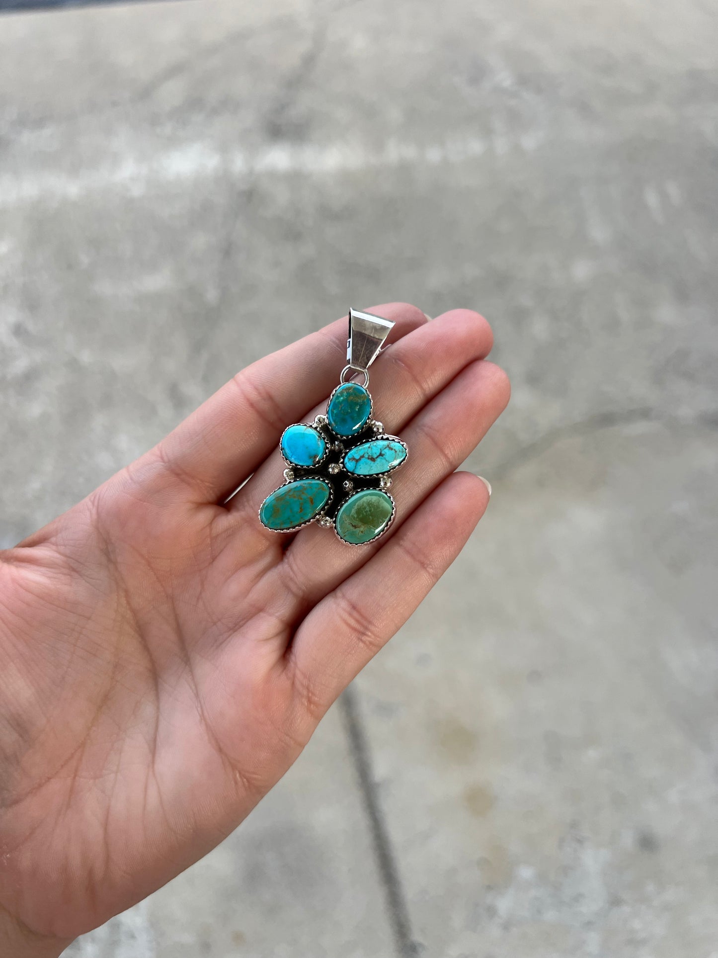 5 Stone Genuine Turquoise Assorted Cluster Sterling Silver Pendant