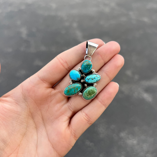 5 Stone Genuine Turquoise Assorted Cluster Sterling Silver Pendant