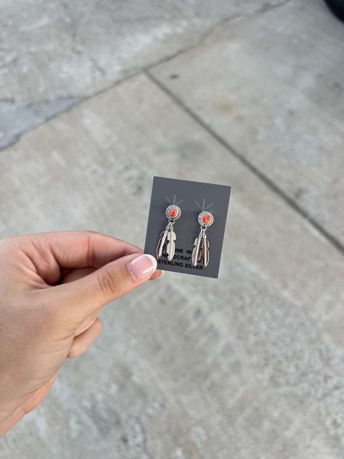 Genuine Orange Spiny Oyster Round Stud with Sterling Silver Feather Dangle Earrings