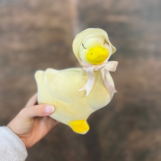 Vintage Yellow Flocked Ceramic Duck Coin Bank with Hat & Bow
